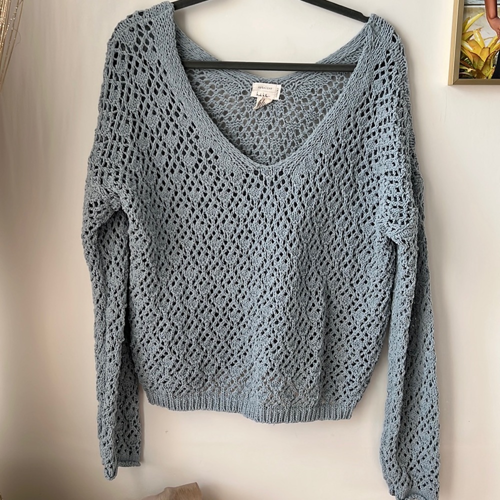 Nicole Miller Light Blue Open Knit V-Neck Sweater